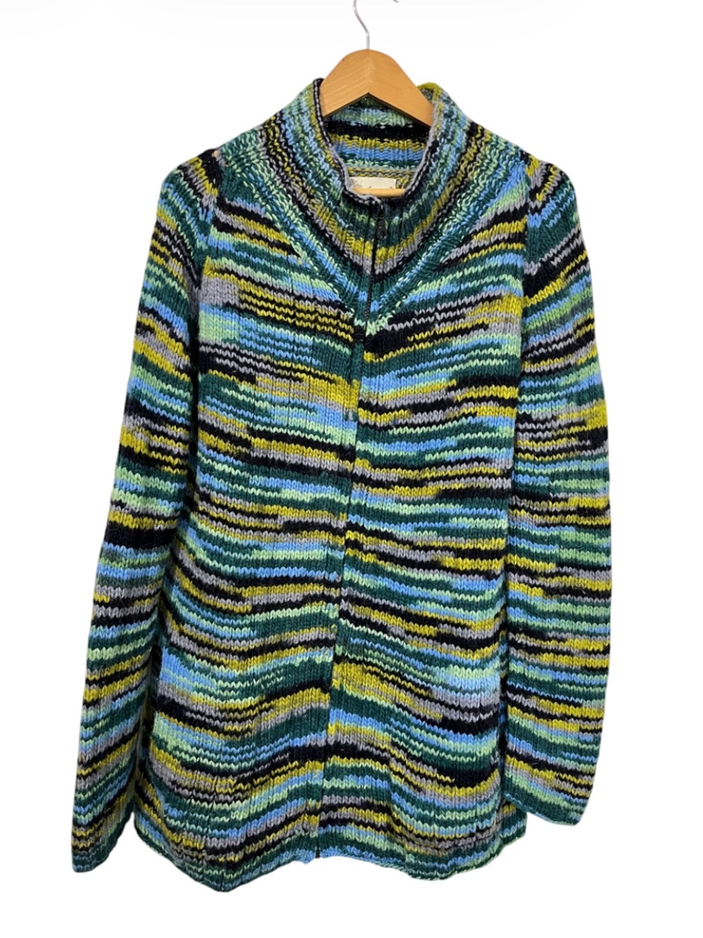 Hand Knit 100% Wool Multi-Colour Yarn Striped Zip-Front Women's Sweater